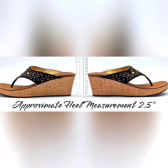 Sketchers Luxe Foam Rhinestone Wedge Sandals  Black Gold Size 10 - Picture 14 of 17